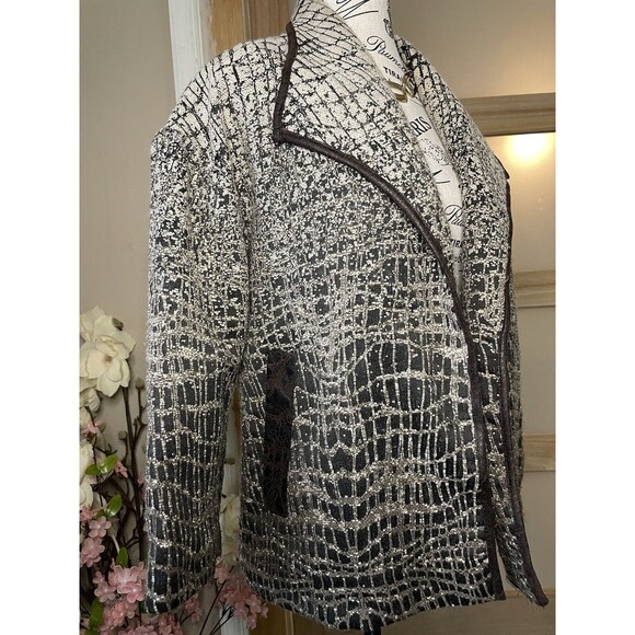 Alberto Makali Cropped Sleeve Open Blazer Leather Detailing Tweed Brown Size S - Picture 3 of 11